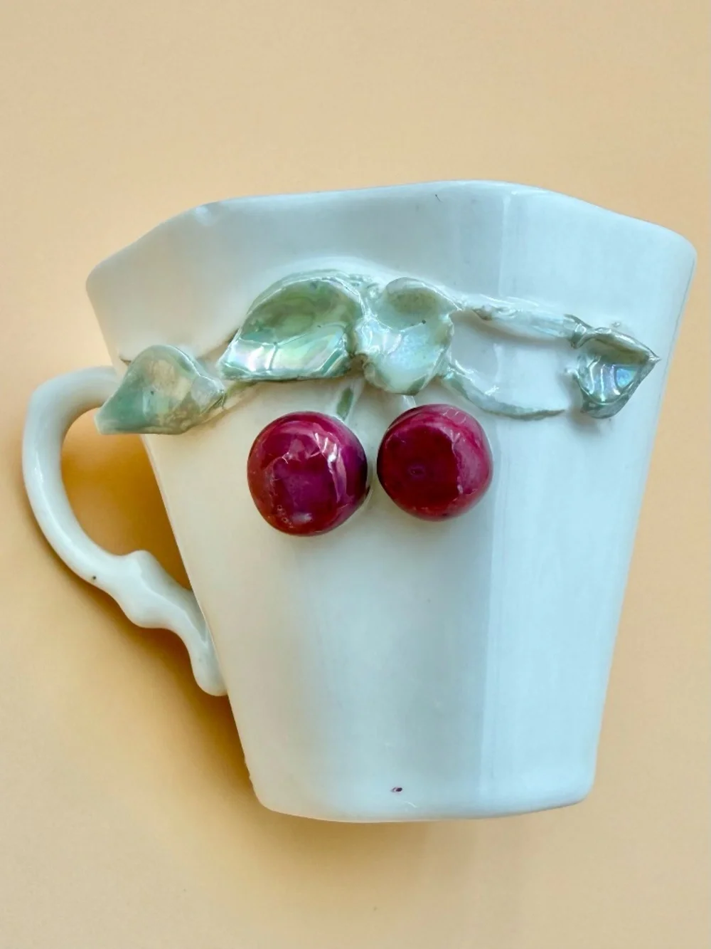 Vintage Claire Lerner Studio Cup & Saucer 3D Cherries Gold Trim California